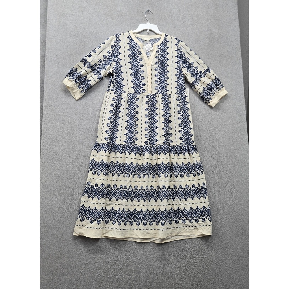 FIG + FLOWER Women Dress XL Ivory Floral Midi A Line Boho Cottagecore Tiered NWT
